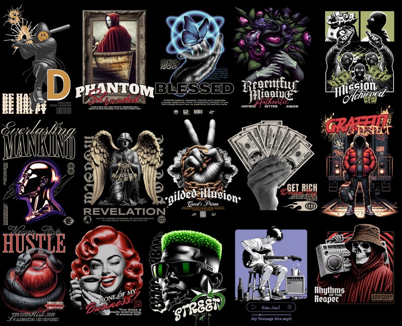 May include: A collage of 16 different graphic designs featuring various themes, including skulls, angels, money, and street art. The designs are in a variety of colors and styles, and they are all set against a black background.