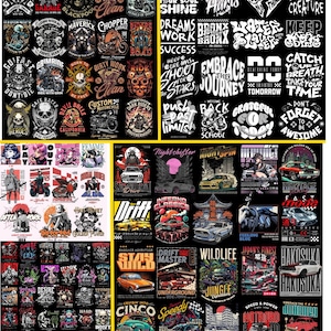 May include: A collage of 36 colorful graphic designs featuring motorcycles, cars, and other imagery. The designs include text such as "Grim Rider", "Drift Master", "Nightshifter", and "Hakosuka".