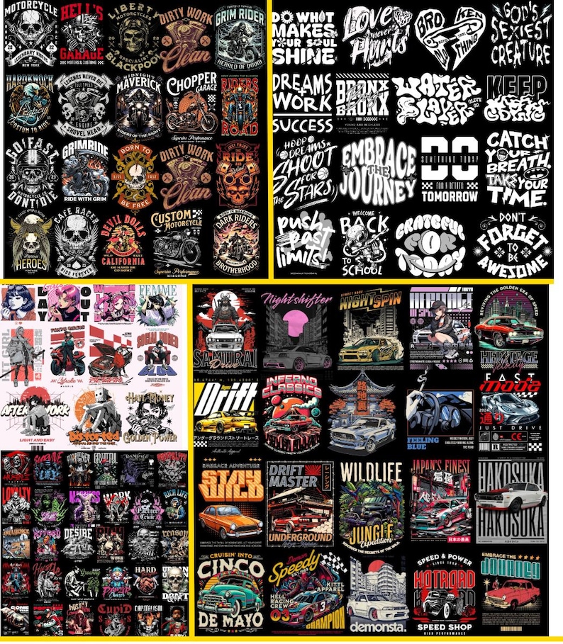 May include: A collage of 36 colorful graphic designs featuring motorcycles, cars, and other imagery. The designs include text such as "Grim Rider", "Drift Master", "Nightshifter", and "Hakosuka".