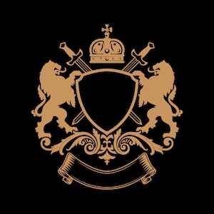 Shield with lion, crown, and swords SVG. Family crest logo. Coat of arms svg