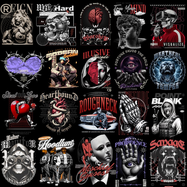 May include: A collage of 20 different graphic designs featuring various themes, including animals, skulls, hearts, and religious imagery. The designs are in a variety of styles, from realistic to abstract. The designs are all in black and white, with some featuring pops of color.