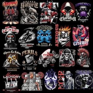 May include: A collage of 12 different graphic designs featuring various themes, including skulls, demons, nature, and city life. The designs are in black, white, red, and blue colors and feature bold text and graphic elements.