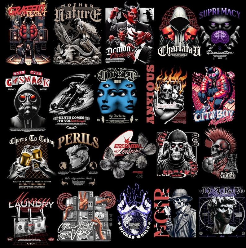 May include: A collage of 12 different graphic designs featuring various themes, including skulls, demons, nature, and city life. The designs are in black, white, red, and blue colors and feature bold text and graphic elements.