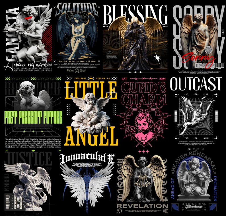 May include: A collage of nine images featuring angels with different styles and themes. The images include angels with wings, angels with halos, and angels with weapons. The images are set against a black background with text overlays.