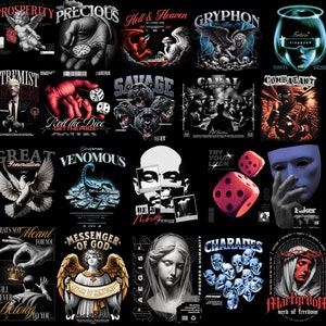 May include: A collage of 16 different graphic designs for t-shirts. The designs feature a variety of themes, including religion, animals, and abstract art. The designs are all in black and white, with some featuring pops of color. The text on the designs includes phrases like "Great Generation", "Messenger of God", and "Be a Nobody".