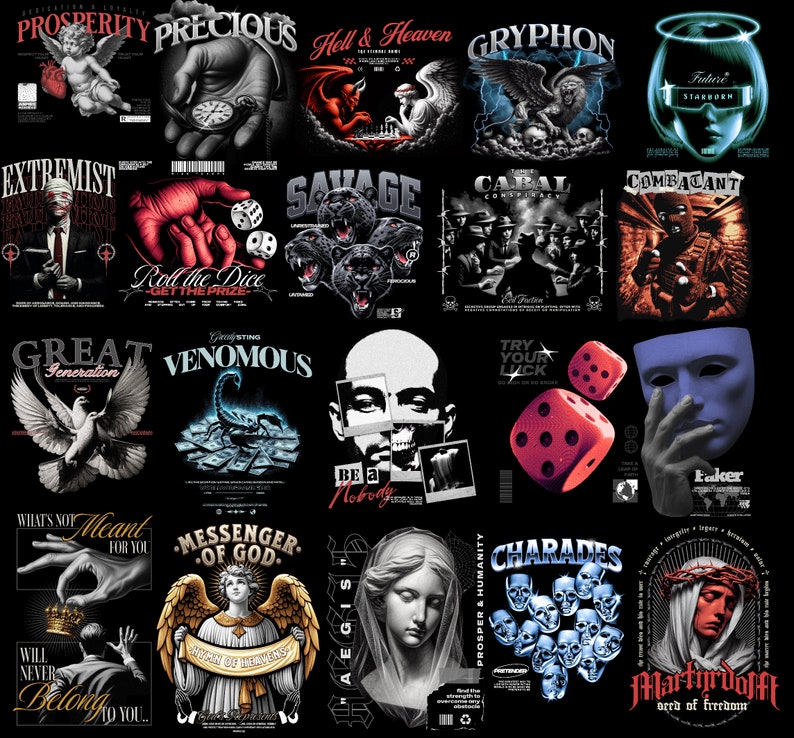 May include: A collage of 16 different graphic designs for t-shirts. The designs feature a variety of themes, including religion, animals, and abstract art. The designs are all in black and white, with some featuring pops of color. The text on the designs includes phrases like "Great Generation", "Messenger of God", and "Be a Nobody".