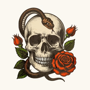 May include: A vintage-style illustration of a human skull with a snake wrapped around it. The skull has a toothy grin and is surrounded by red roses with green leaves.