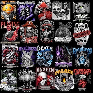 May include: A collection of 20 graphic designs featuring various themes, including skulls, angels, demons, and other dark imagery. The designs are in black and white with splashes of color, and feature text such as "Justice Prevails", "Merciless", "The Death Stalker", "Dungeon Ghouls", "Prophesy", and "Tender Heart Society".