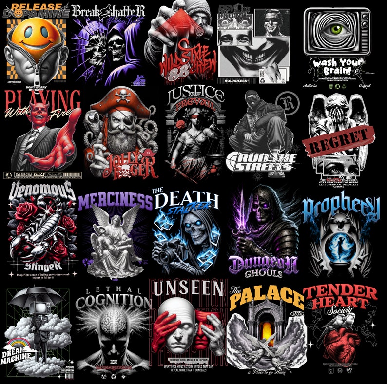 May include: A collection of 20 graphic designs featuring various themes, including skulls, angels, demons, and other dark imagery. The designs are in black and white with splashes of color, and feature text such as "Justice Prevails", "Merciless", "The Death Stalker", "Dungeon Ghouls", "Prophesy", and "Tender Heart Society".