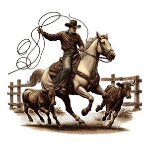 Western Cowboy PNG, Western Rodeo, Cow PNG, Cowboys Catch Cows, Retro Png, Western Drawing, Sublimation Download, Shirt Design