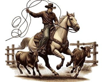 Retro Cowboy Riding Horse PNG, Western Rodeo Clipart (Sublimation Download)