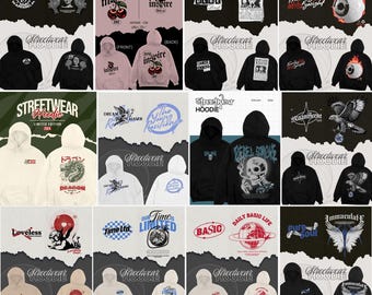 May include: A collage of 20 different hoodie designs featuring various graphic prints. The designs include a dragon, a skull, a globe, a cherry, a burning eye, and more. The hoodies are all black, white, or cream.