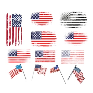 May include: A set of ten distressed American flag graphics. The flags are in various styles, including a vertical flag, a horizontal flag, and a flag with a white background. The flags are all in shades of red, white, and blue.