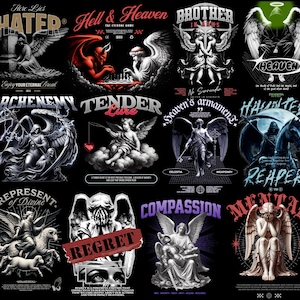 May include: A collage of 10 graphic designs featuring various themes, including angels, demons, and death. Each design is set against a black background and includes text, such as "The Hated", "Hell & Heaven", "Brother in Arms", "Archenemy", "Tender Love", "Heaven's Armaments", "Haunted Reaper", "Compassion", "Regret", and "Mental".