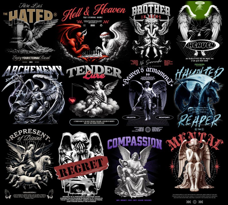 May include: A collage of 10 graphic designs featuring various themes, including angels, demons, and death. Each design is set against a black background and includes text, such as "The Hated", "Hell & Heaven", "Brother in Arms", "Archenemy", "Tender Love", "Heaven's Armaments", "Haunted Reaper", "Compassion", "Regret", and "Mental".