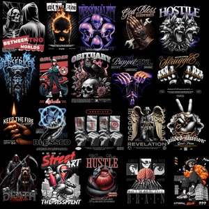 May include: A collection of 18 colorful graphic designs featuring skulls, butterflies, angels, and other imagery. The designs are set against a black background and include text such as "God Bless Hardworker", "Keep the Fire Burning", "Blessed", "Street Art", "Hustle", "Revelation", and "Gilded Illusion".