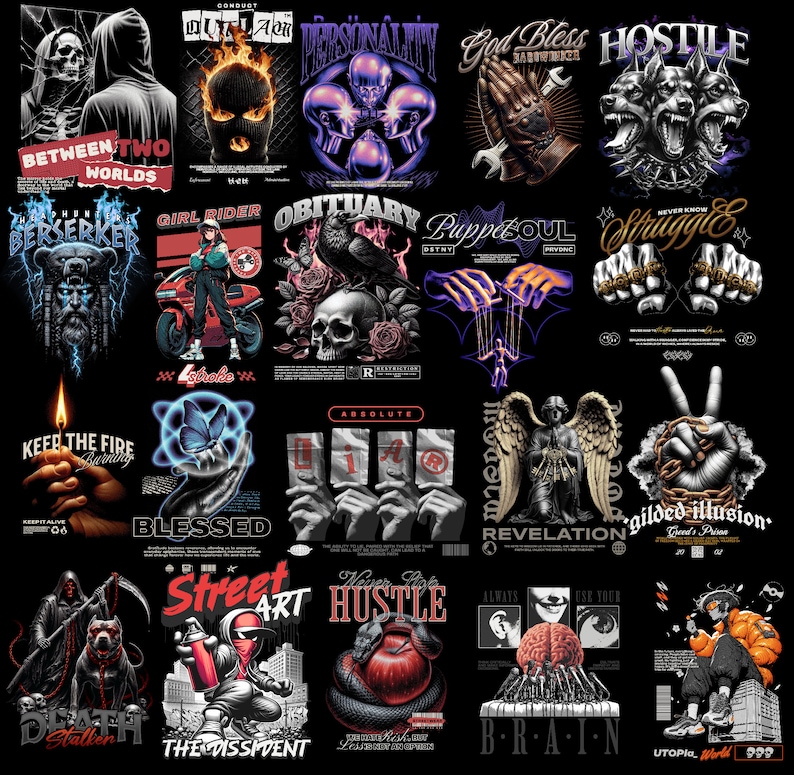 May include: A collection of 18 colorful graphic designs featuring skulls, butterflies, angels, and other imagery. The designs are set against a black background and include text such as "God Bless Hardworker", "Keep the Fire Burning", "Blessed", "Street Art", "Hustle", "Revelation", and "Gilded Illusion".