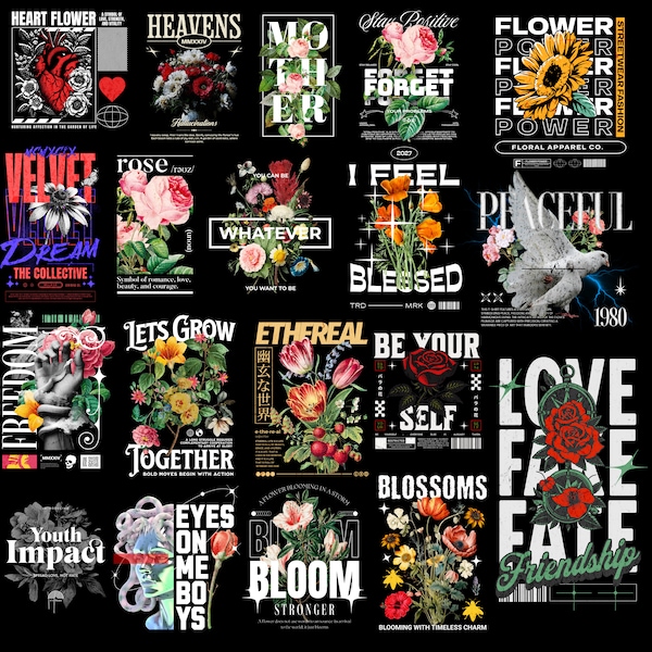 Bundle of T-Shirt Designs: Floral Streetwear, Urban Streetwear, Biker Themes, Flora and Fauna Styles