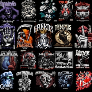 May include: A collage of 20 different graphic designs featuring various themes, including skulls, animals, religious imagery, and abstract designs. The designs are in black and white, with some featuring pops of color. The designs are all set against a black background.