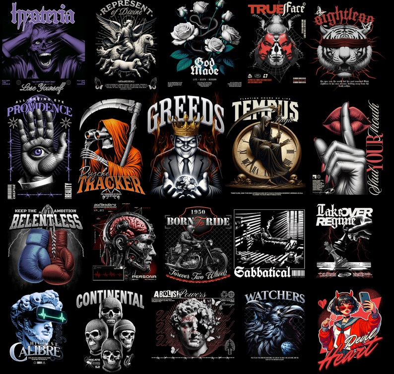 May include: A collage of 20 different graphic designs featuring various themes, including skulls, animals, religious imagery, and abstract designs. The designs are in black and white, with some featuring pops of color. The designs are all set against a black background.
