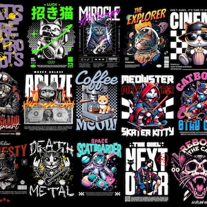 JDM Cat T-Shirt Design Bundle, Streetwear Graphics PNG (Digital Download)