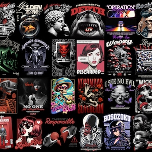 May include: A collage of 20 different graphic designs featuring various themes, including skulls, animals, and abstract patterns. The designs are in black and white, with some featuring pops of color. The designs are all set against a black background.