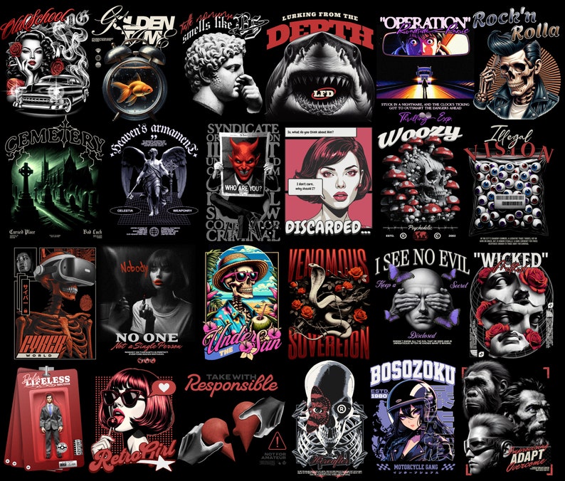 May include: A collage of 20 different graphic designs featuring various themes, including skulls, animals, and abstract patterns. The designs are in black and white, with some featuring pops of color. The designs are all set against a black background.
