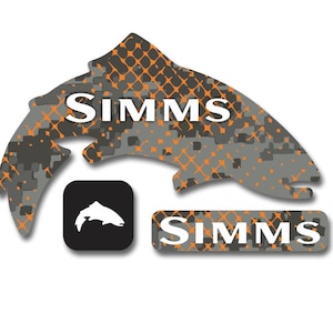 May include: A collection of Simms fishing-themed logos and graphics. The main graphic is a fish-shaped design with an orange and gray camouflage pattern, and the word "SIMMS" in white. There is also a black square with a white fish silhouette.