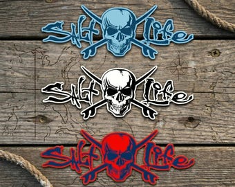 Salt Life Skull Sticker, Pirate Surfboards Vinyl Decal, Beach Boating Lifestyle 10"