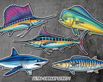 Pelagic Fish Collection Die Cut Stickers, Marlin, Sailfish, Wahoo, Shark, Tuna Vinyl Decals