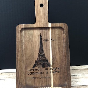 Mini Eiffel Tower Wooden Paddle Paris Latitude Longitude Coordinates Travel-Inspired Kitchen Decor France Gift – Laser Engraved Wall Art