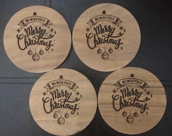 Sottobicchieri natalizi in legno incisi - Decorazioni rustiche per le feste, set da 4
