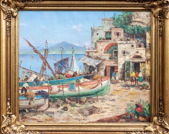 Carl Christian Bowedt (1889-1972), Oil on canvas, scene from village southern Europe, beautifull golden frame.