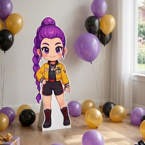 May include: A life-sized cardboard cutout of an anime-style character with long purple hair in a high ponytail, wearing a yellow bomber jacket, black shorts, and dark boots, standing amidst a collection of purple, gold, and black balloons.