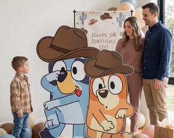 Cowboy Bluey e Bingo em tamanho real - Decoração para festa de aniversário com tema faroeste - Recorte de papelão para fotos - Arquivo digital para impressão