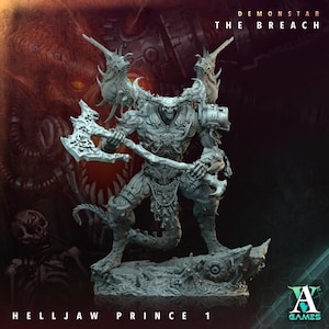 May include: A detailed, gray Helljaw Prince 1 miniature figure from Demonstar: The Breach. The figure is holding a large axe and stands on a rocky base. The image includes the text "Demonstar The Breach" and "Helljaw Prince 1". The A Games logo is in the bottom right.