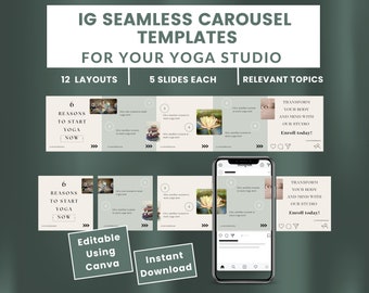 Instagram Carousel Templates, Editable in Canva, INSTANT DOWNLOAD, Yoga Studio, Carousel Puzzle, Seamless Story Telling Posts Green - YST03