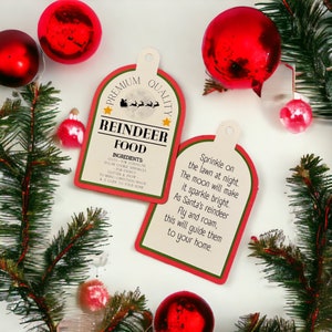 Etiqueta de comida de rena para download para véspera de Natal, frente e verso, com fundos.