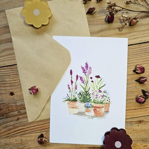 Carte pot de fleur rose, carte simple A6, fait-main en Bretagne, enveloppe kraft