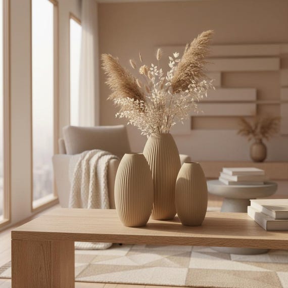 Dekovase / Blumenvase und Vase für Trockenblumen in 3d Druck - 16cm 20cm 24cm in Cappuccino beige braun