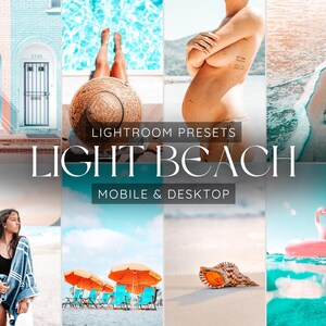 May include: Light Beach Lightroom presets for mobile and desktop. The image shows a collection of photos with a beach theme, including a woman in a swimsuit, a pool, a seashell, a flamingo float, and a beach umbrella.