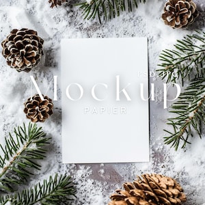Snowy Christmas Card Mockup, Single Card Mockup, Winter Invitation, 5x7" Greeting Card, Pine Cones, Snowy Mockup #11