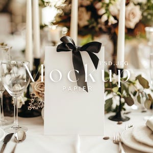 Mock up de placa de mesa de casamento com laço, Mock up de casamento, Mock up de número de mesa, Mock up de fita, Mockup de cartões e presentes, Mockup de mesa de casamento, #5