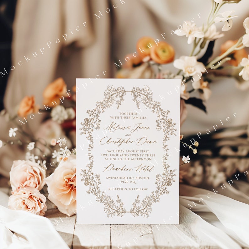 Puede incluir: Una invitaci&oacute;n de boda blanca con un borde floral y letras doradas. La invitaci&oacute;n dice "Juntos con sus familias Melissa Jones y Christopher Dawn S&aacute;bado 1 de agosto de 2023 a la 1:00 p. m. Deachers Hotel Swineshead Rd. Boston. PE20 15Q. Recepci&oacute;n a continuaci&oacute;n."