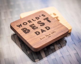 Drinks Coaster "World's Best Dad" Father's Day Gift Engraved Walnut Beech Solid Wood