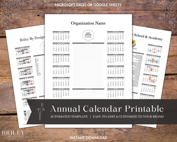 Annual Calendar Printable Customizable Automated Excel Spreadsheet Google  Sheets Template Color-coded Dates Sunday or Monday Start Full Year - Etsy