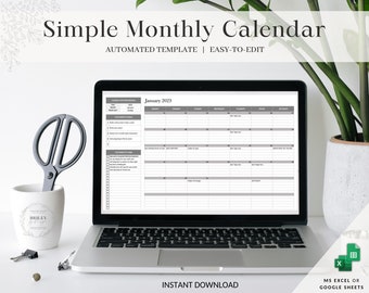 Simple Monthly Calendar Automated Excel Spreadsheet and Google Sheets Editable Any Year Monthly Planner Template Task Planner Goal Tracker