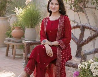 Maroon Embroidered Salwar Suit Set with Dupatta | Elegant Party & Festive Wear for Women