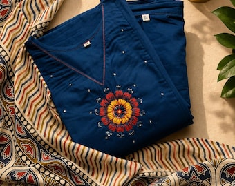 Navy Blue Cotton Kurta Set with Floral Print Dupatta | Women's Ethnic Wear