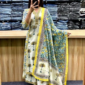 Cotton Suit Set, Printed Kurta, Dupatta, Palazzo -Indian dress|| Women kurtis | Pakistani dress